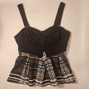 Anthropologie Deletta Black Peplum Top with Multicolor Patterns